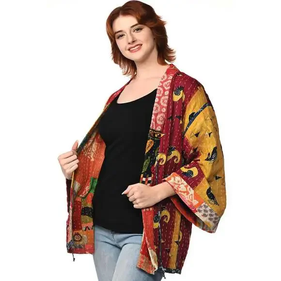 Sevya Handmade - Reversible Cotton Kantha Kimono Jacket - OS - Picture 3 of 12